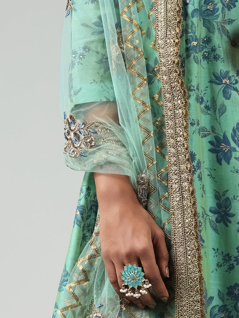 Buy Vark Green Floral Printed Button-down Kurta, Palazzos, Inner and  Dupatta Set from Westside